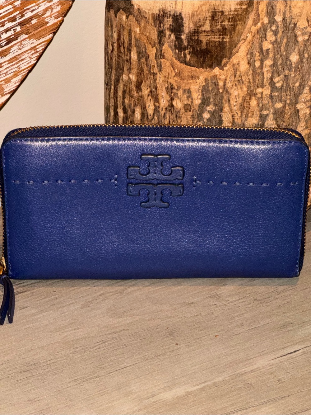 Tory Burch Royal Blue Zip Wallet with Embossed Logo